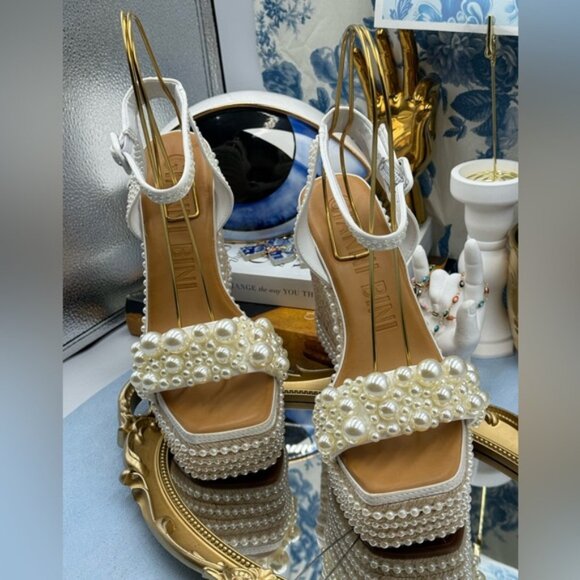🆕 GIANNI BINI 🧿 NWOB Savanna Pearl Ornamented Platform Wedge Sandals, Sz 7 - Picture 6 of 13